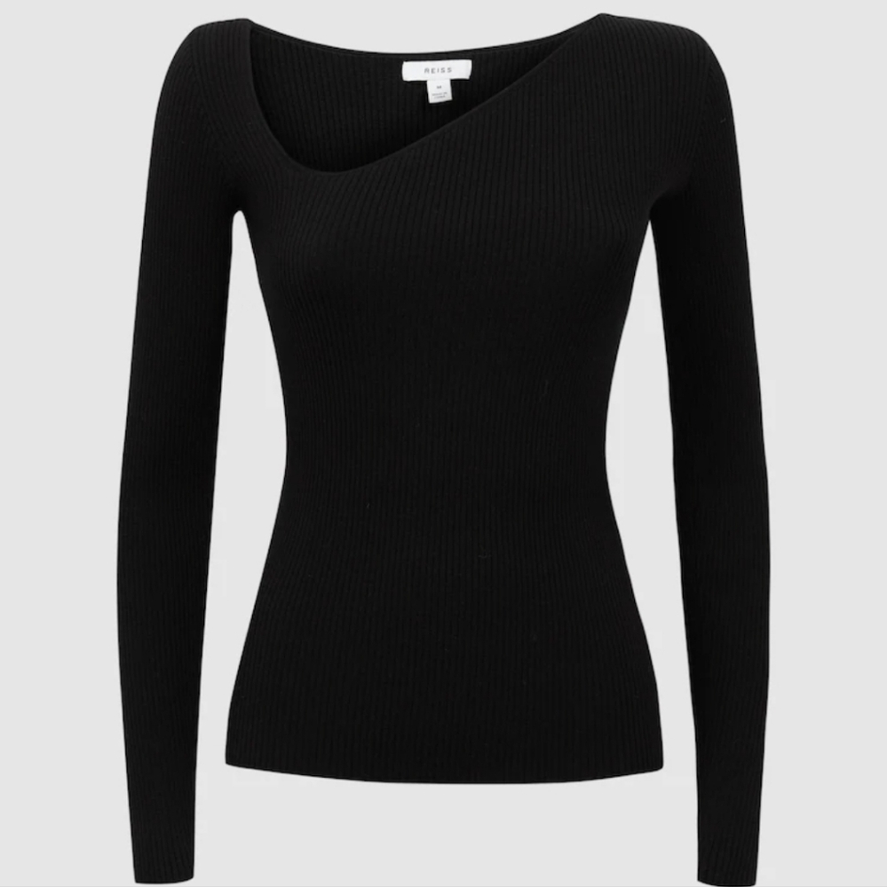 Reiss Sasha Fitted Ribbed Asymmetric Neck Top in Black Size Medium